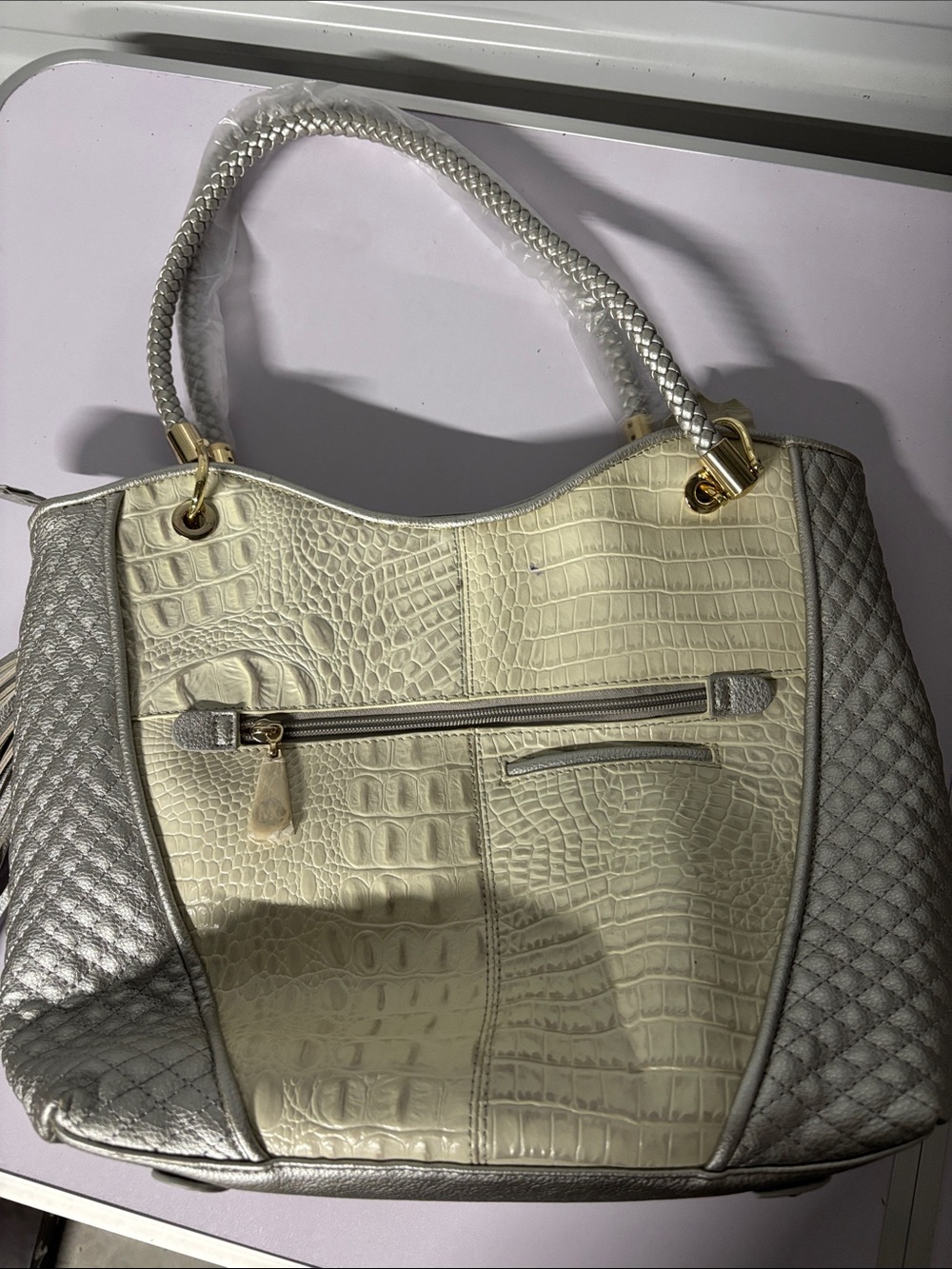 Madi Claire Cream and Silver Geniune Leather Croc-Texture Tote with Tassel - Picture 4 of 6